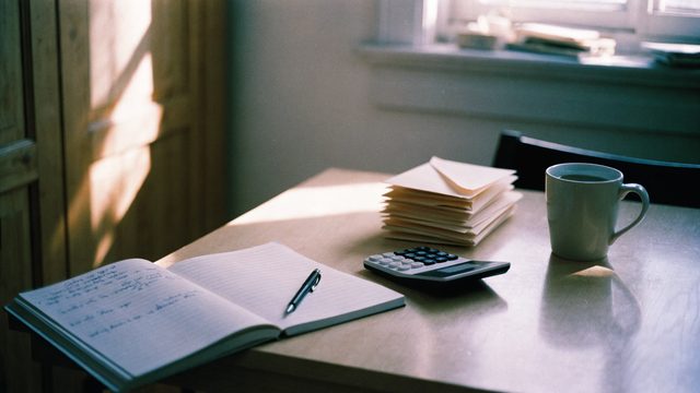 A notebook with a handwritten budget, a calculator and a coffee mug on a kitchen table.