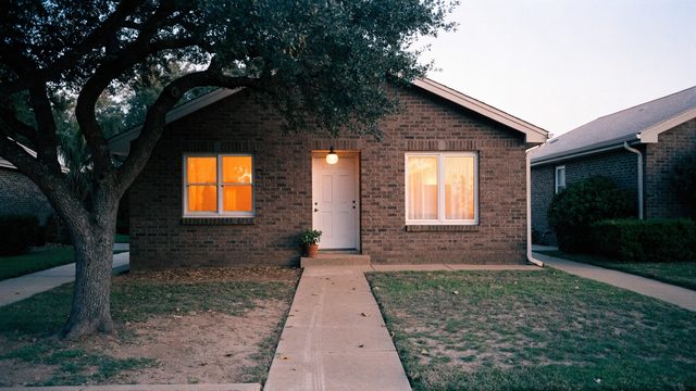 A modest brick home at dusk with warm light in the windows.